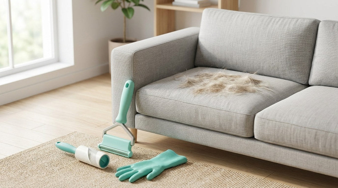 Canapé en tissu couvert de poils d'animaux, avec brosse anti-poils, rouleau adhésif et gant en caoutchouc posés sur un tapis