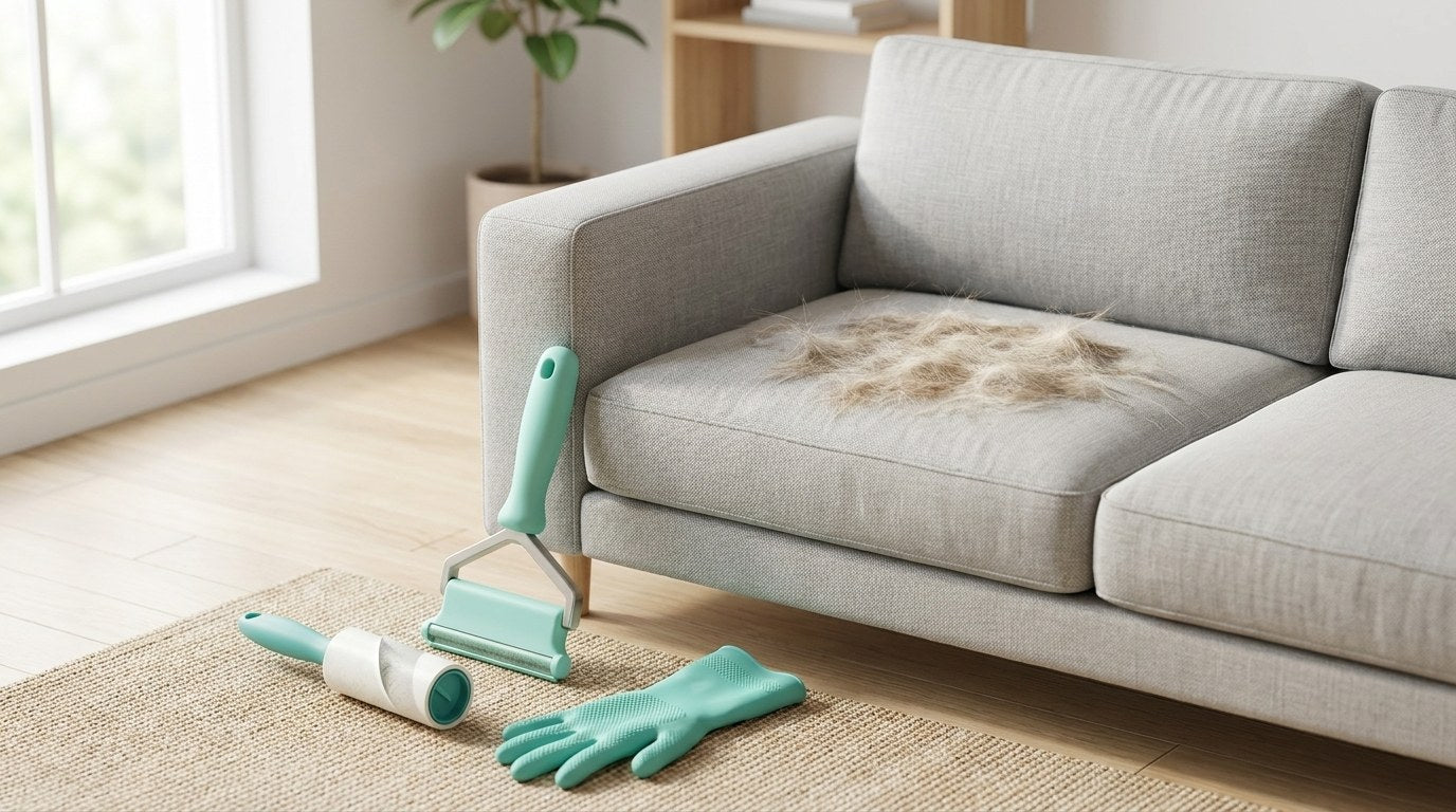 Canapé en tissu couvert de poils d'animaux, avec brosse anti-poils, rouleau adhésif et gant en caoutchouc posés sur un tapis
