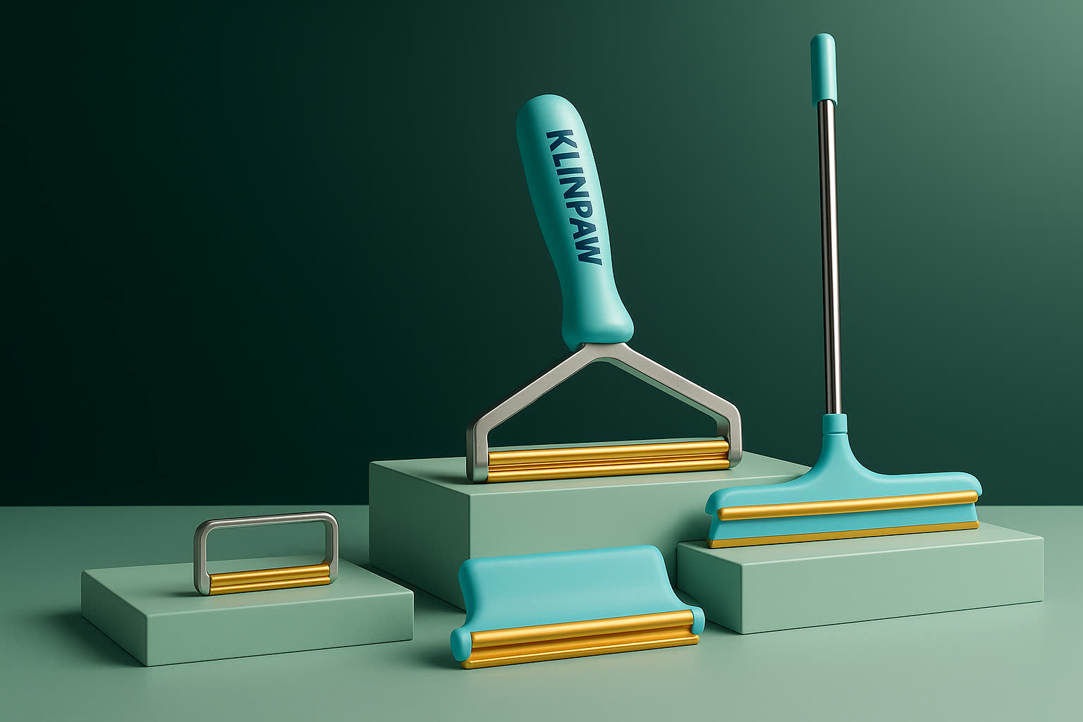 Gamme de brosses anti-poils Klinpaw sur des podiums studio vert menthe